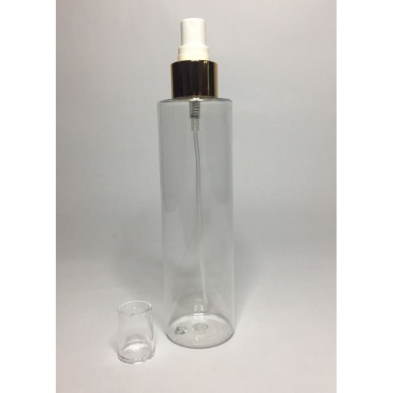 150ml Clear Plastic Cylindrical Bottle with Shiny Gold Atomiser Spray