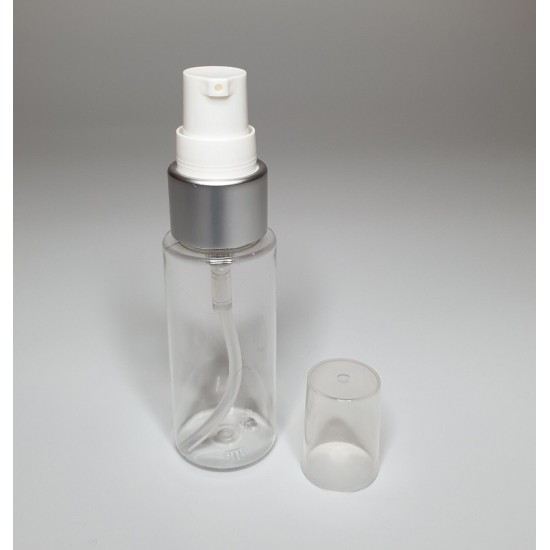 30ml Clear Plastic Cylinder Bottle & Matt Silver Serum Pump