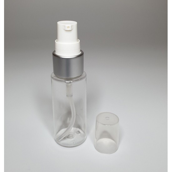 30ml Clear Plastic Cylinder Bottle & Matt Silver Serum Pump 30ml Clear Plastic Cylinder Bottle & Matt Silver Serum Pump