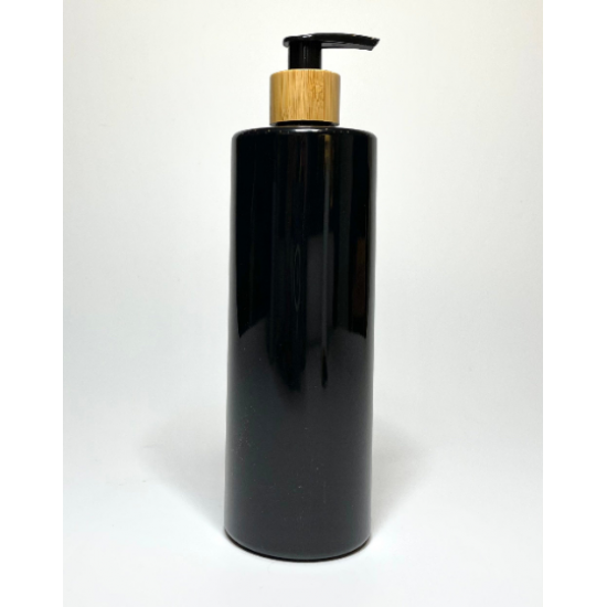 500ml Black PET Plastic Cylinder Bottle with Bamboo Black Lotion Pump