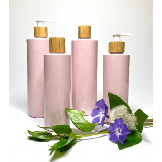 500ml Pink PET Plastic Cylinder Bottles with Bamboo White Lotion Pump 500ml Pink PET Plastic Cylinder Bottles with Bamboo White Lotion Pump