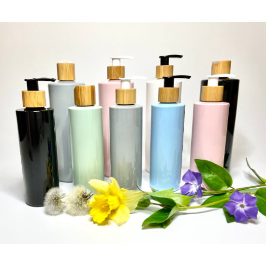 250ml White Cylinder Bottles with Bamboo/Black Lotion Pump