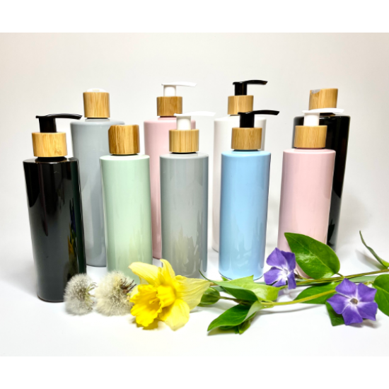 250ml White Cylinder Bottles with Bamboo Lotion Pump