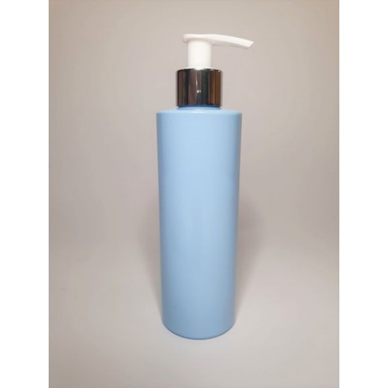 250ml Baby Blue Cylindrical PET Plastic Bottles With Shiny Silver/White Lotion Pump