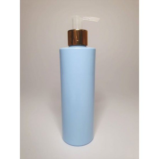250ml Baby Blue Cylindrical PET Plastic Bottles With Shiny Gold Natural Lotion Pump