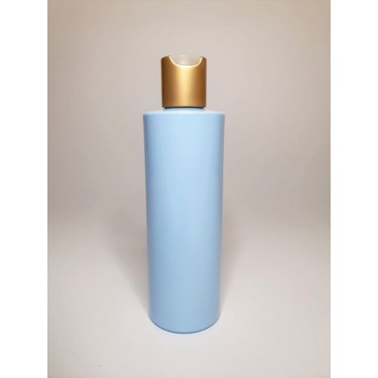 250ml Baby Blue Cylindrical PET Plastic Bottles With Matt Gold Disc Top