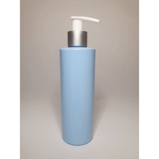 250ml Baby Blue Cylindrical PET Plastic Bottles With Chrome/White Lotion Pump