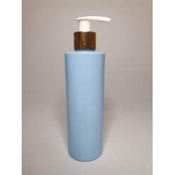 500ml Baby Blue Cylindrical PET Plastic Bottles With Shiny Gold White Lotion Pump