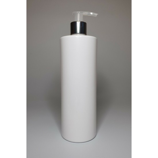 500ml White Cylinder Bottle with Chrome & Natural Lotion Pump 500ml White Cylinder Bottle with Chrome & Natural Lotion Pump