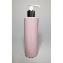 250ml Pink Cylindrical PET Plastic Bottles With Shiny Silver/White Lotion Pump