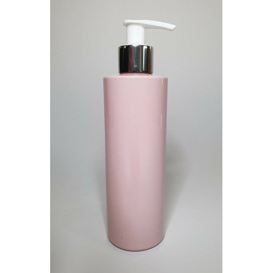 250ml Pink Cylindrical PET Plastic Bottles With Shiny Silver/White Lotion Pump