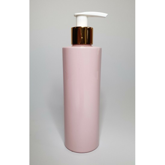 250ml Pink Cylindrical PET Plastic Bottles With Shiny Gold White Lotion Pump