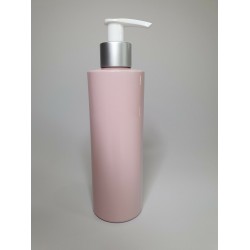 250ml Pink Cylindrical PET Plastic Bottle Matt Silver/White Lotion Pump