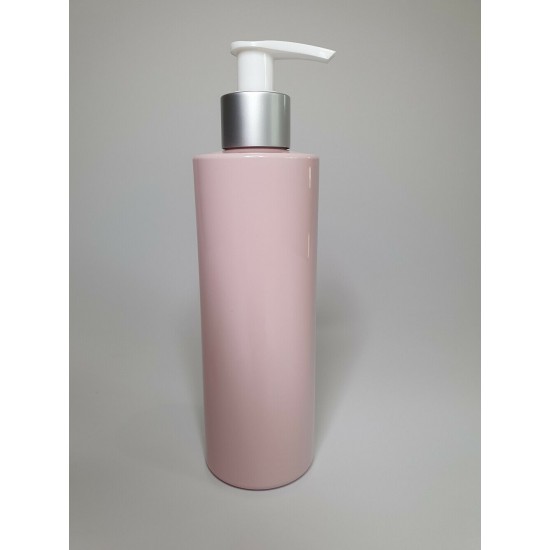 250ml Pink Cylindrical PET Plastic Bottle Matt Silver/White Lotion Pump