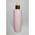 250ml Pink Cylindrical PET Plastic Bottles With Shiny Gold Natural Lotion Pump