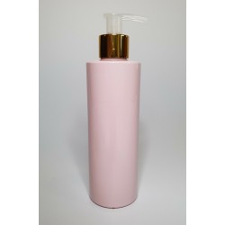 250ml Pink Cylindrical PET Plastic Bottles With Shiny Gold Natural Lotion Pump