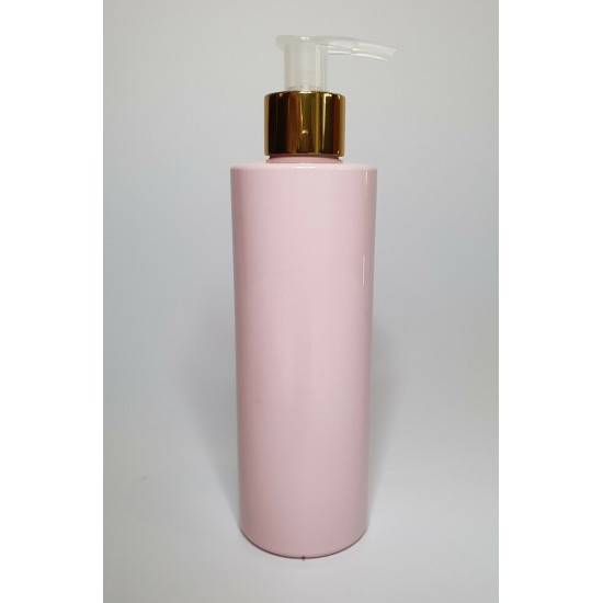 250ml Pink Cylindrical PET Plastic Bottles With Shiny Gold Natural Lotion Pump