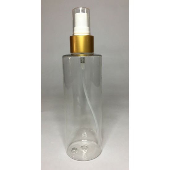 250ml Clear PET Cylindrical Bottles With Matt Gold Atomiser 250ml Clear PET Cylindrical Bottles With Matt Gold Atomiser