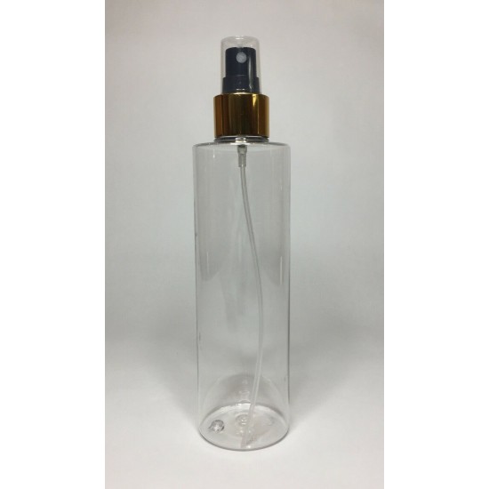 250ml Clear PET Cylindrical Bottles With Black & Gold Atomiser