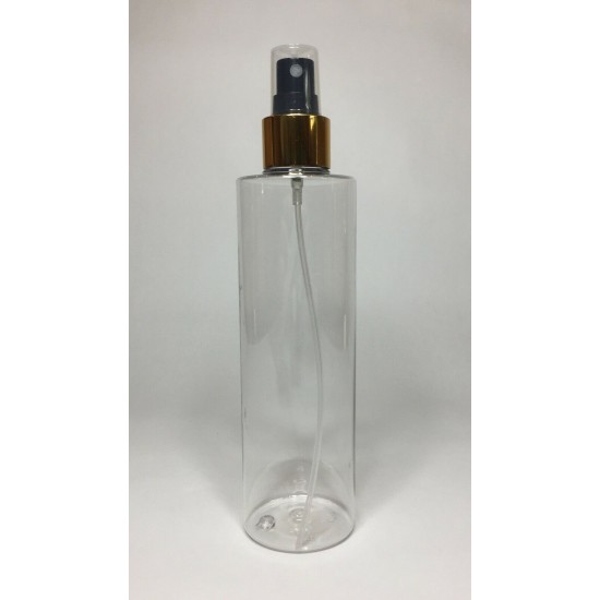 250ml Clear PET Cylindrical Bottles With Black & Gold Atomiser 250ml Clear PET Cylindrical Bottles With Black & Gold Atomiser