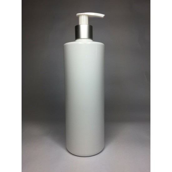 250ml White Cylinder Bottle with Matt Silver & White Lotion Pump