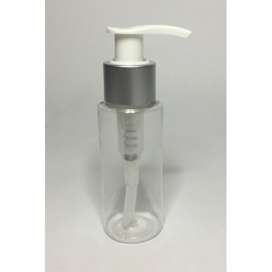 100ml Clear PET Cylinder Bottle with Matt Silver & White Pump Dispenser