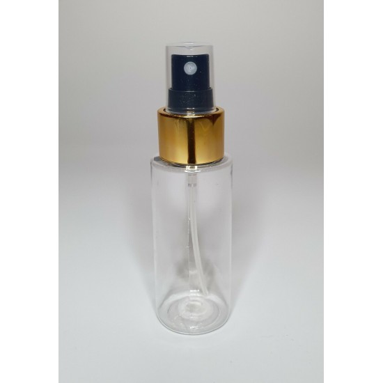 60ml Clear PET Cylinder Bottle with Gold/Black Atomiser 60ml Clear PET Cylinder Bottle with Gold/Black Atomiser