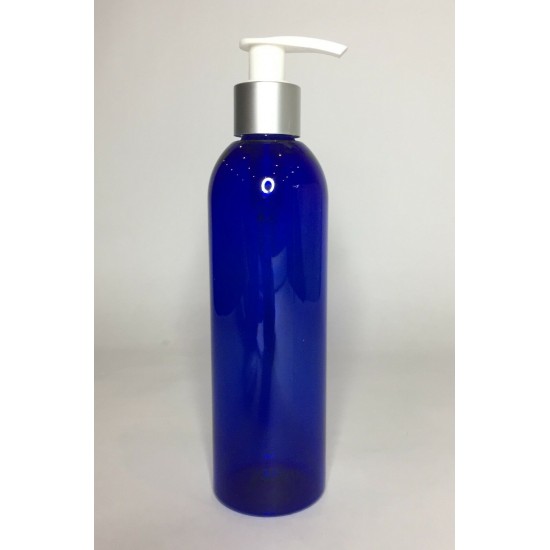 250ml Blue PET Boston Bottle with Silver & White Lotion Pump