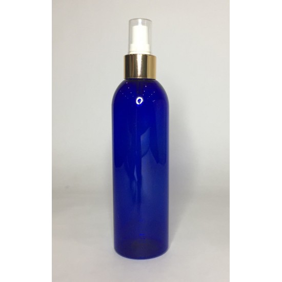 250ml Blue PET Boston Bottle with Shiny Gold Atomiser 