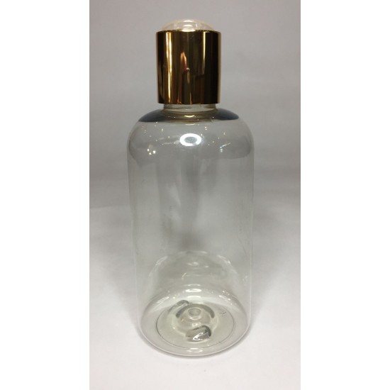 150ml Clear PET Boston Bottle with Shiny Gold Disc Top