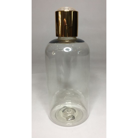 300ml Clear PET Boston Bottle with Shiny Gold Disc Top 300ml Clear PET Boston Bottle with Shiny Gold Disc Top