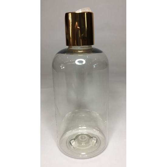 250ml Clear PET Round Boston Bottle with Shiny Gold Disc Top