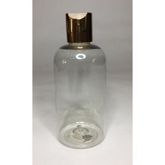 250ml Clear PET Round Boston Bottle with Shiny Gold Disc Top