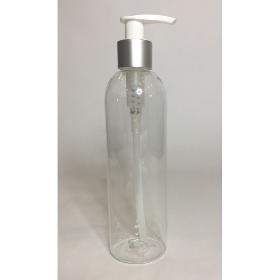 250ml Clear PET Tall Boston Bottles With Matt Silver Lotion Pump