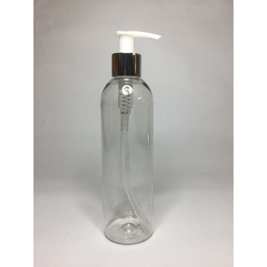 250ml Clear PET Tall Boston Bottles With Chrome White Lotion Pump