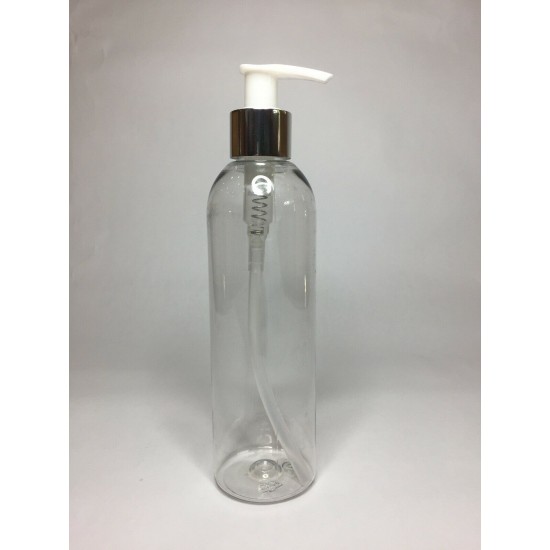 250ml Clear PET Tall Boston Bottles With Chrome White Lotion Pump 250ml Clear PET Tall Boston Bottles With Chrome White Lotion Pump