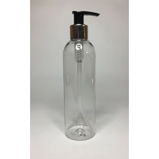 250ml Clear PET Tall Boston Bottles With Chrome & Black Lotion Pump
