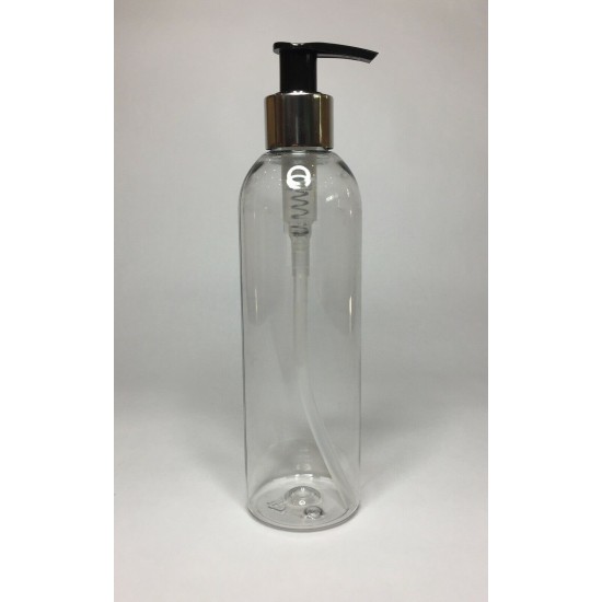 250ml Clear PET Tall Boston Bottles With Chrome & Black Lotion Pump 250ml Clear PET Tall Boston Bottles With Chrome & Black Lotion Pump