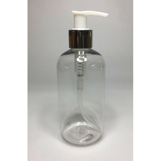 250ml Clear PET Round Boston Bottle with Shiny Silver Lotion Pump