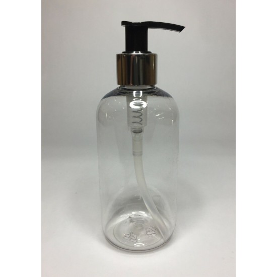 250ml Clear PET Round Boston Bottle with Chrome & Black Lotion Pump