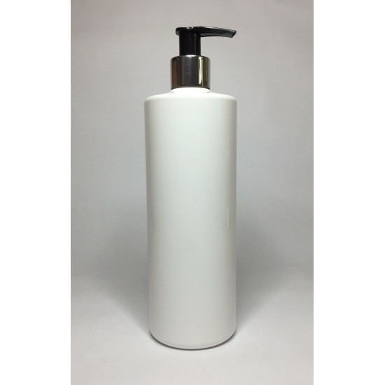 250ml White Cylinder Bottle with Chrome & Black Lotion Pump