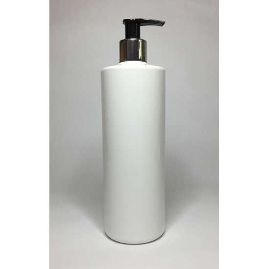 250ml White Cylinder Bottle with Chrome & Black Lotion Pump 250ml White Cylinder Bottle with Chrome & Black Lotion Pump
