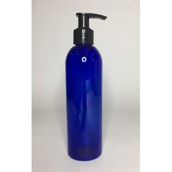 250ml Blue PET Boston Bottle with Black Lotion Pump