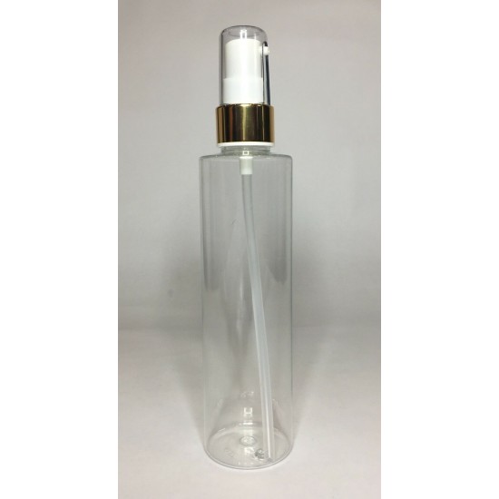 250ml Clear PET Cylindrical Bottles With Shiny Gold Serum Pump 250ml Clear PET Cylindrical Bottles With Shiny Gold Serum Pump