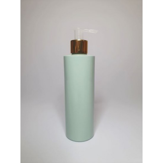 250ml Sage Green Cylindrical PET Plastic Bottles With Shiny Gold Natural Lotion Pump