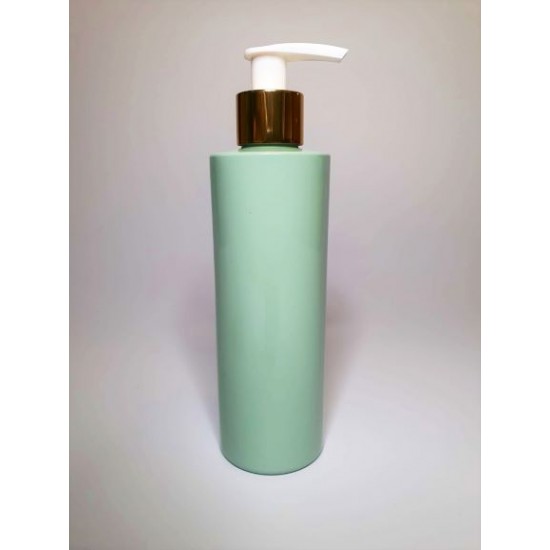 250ml Sage Green Cylindrical PET Plastic Bottles With Shiny Gold White Lotion Pump