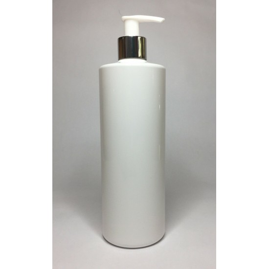 250ml White Cylinder Bottle with Chrome Silver & White Lotion Pump